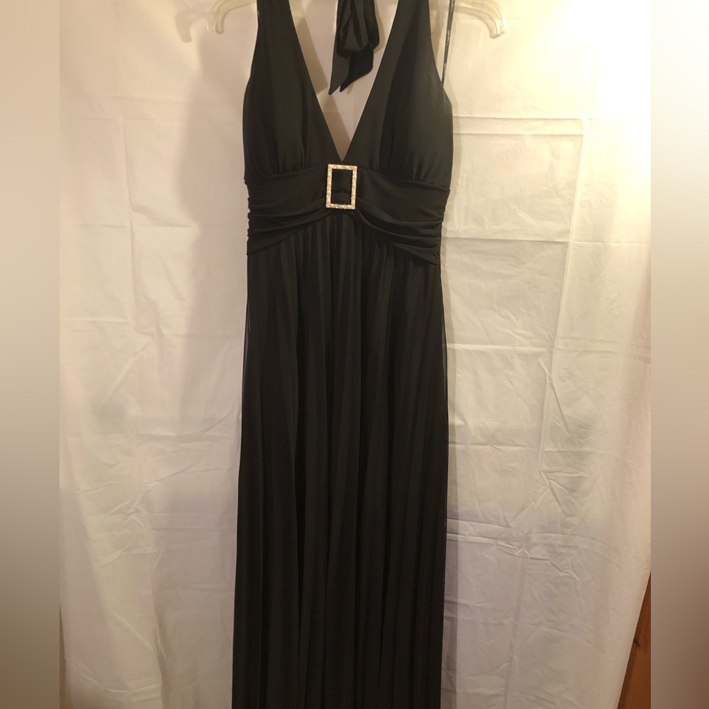 Black floor length Marilyn style dress with bling buckle accent